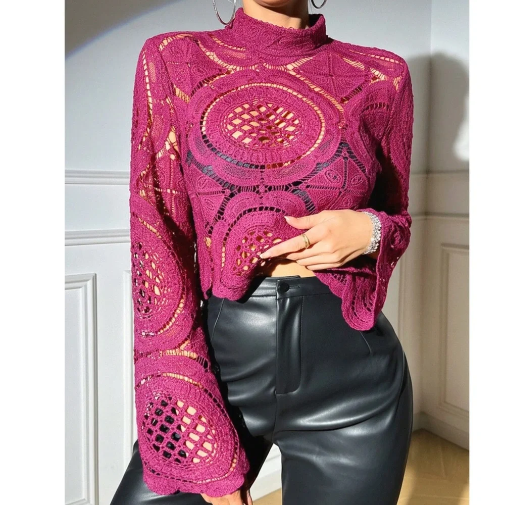 High Neck Floral Semi Sheer Flared Sleeve Cropped Top